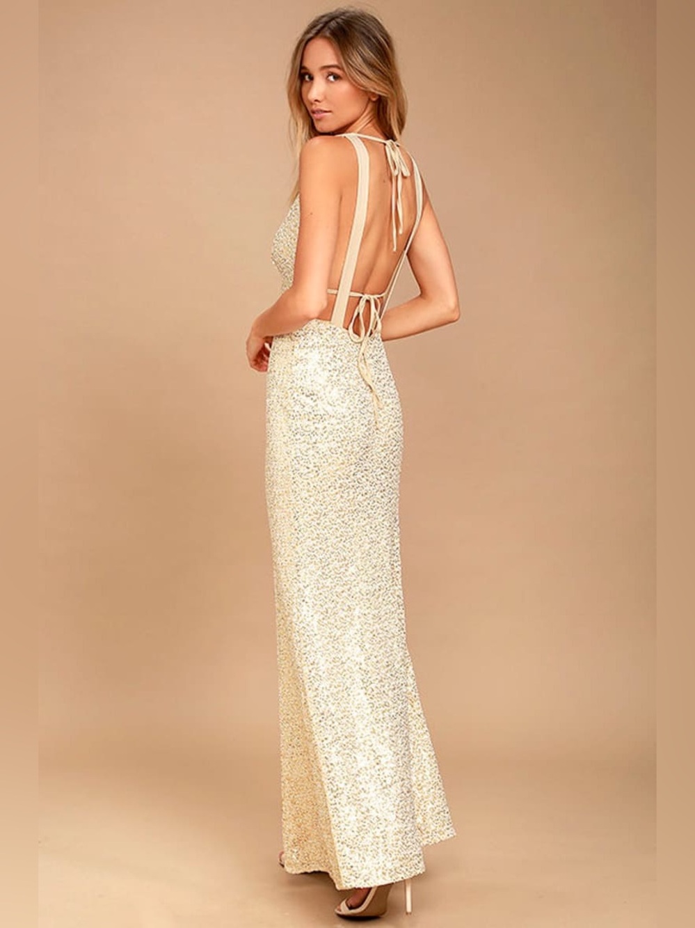 Lulu’s  Wish Granted Beige Sequin Maxi Dress • Large • NWT - Picture 2 of 16